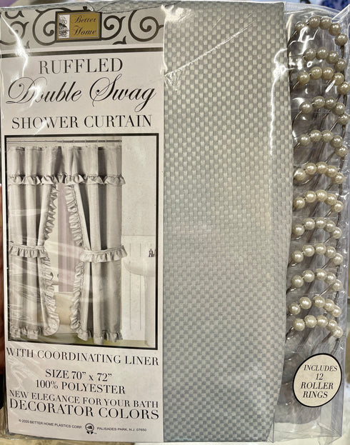 Mosaic Double Swag Fabric Shower Curtain with Ring Hooks, 2 Tie Backs - 70 x 72 in.